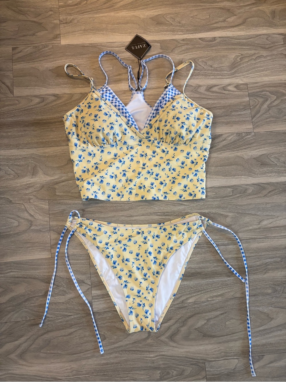 Zaful Yellow Floral Gingham-Trim Bikini Set